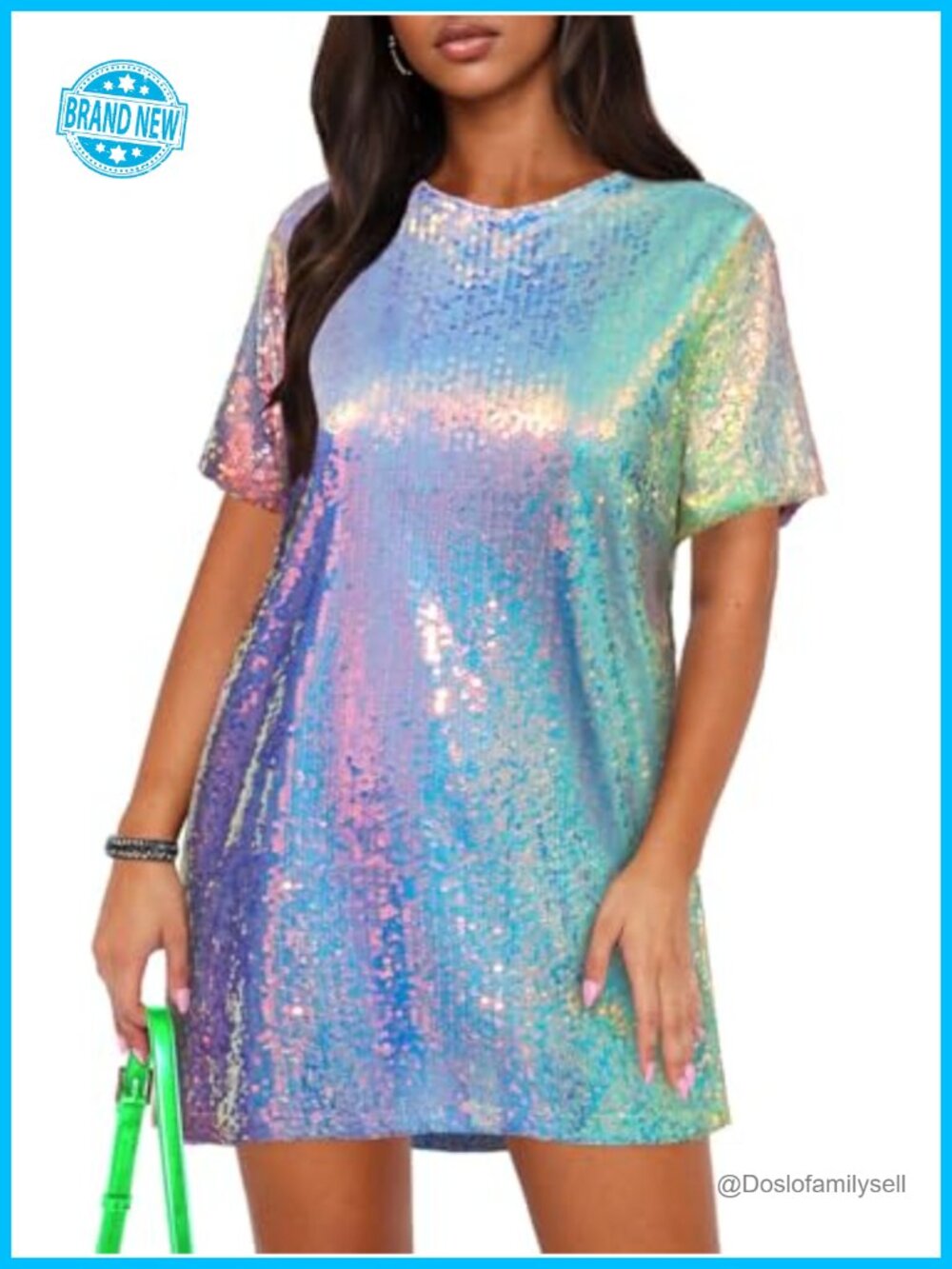 Sequin T-Shirt Dress Short Sleeve V-Neck Backless Shift Mini Club Party